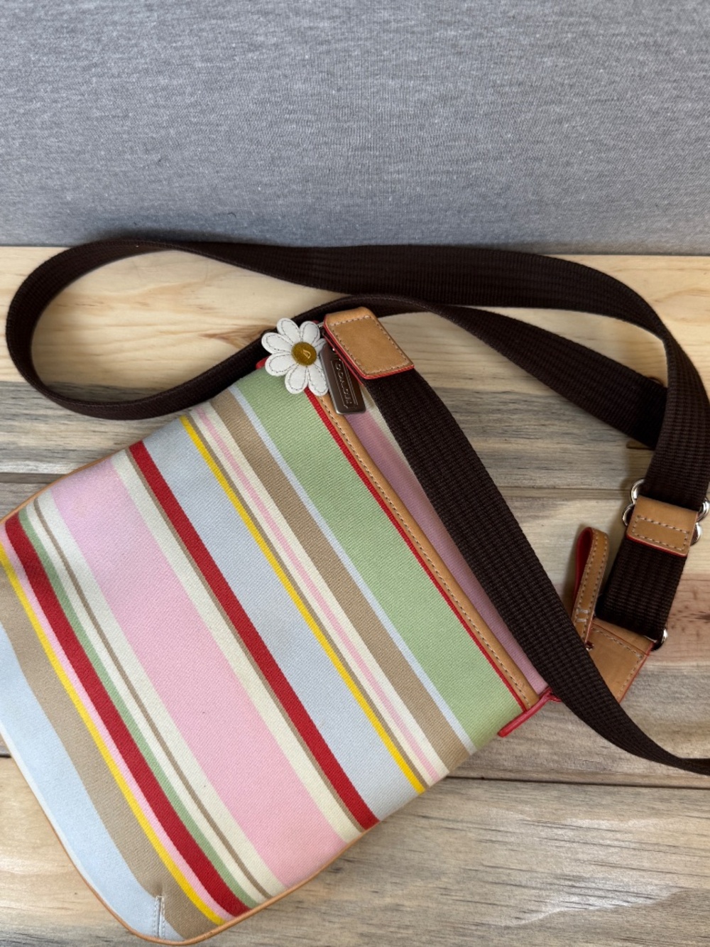 Coach Striped Hamptons Fabric and Leather Crossbody Bag Multi Color Daisy Charm - Picture 6 of 11